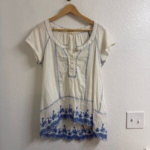 Meadow Rue 100% Cotton White and Blue Embroidered Blouse